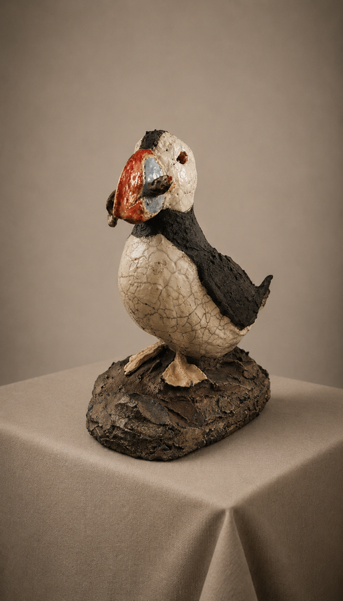 Handcrafted Raku Puffin Sculpture
