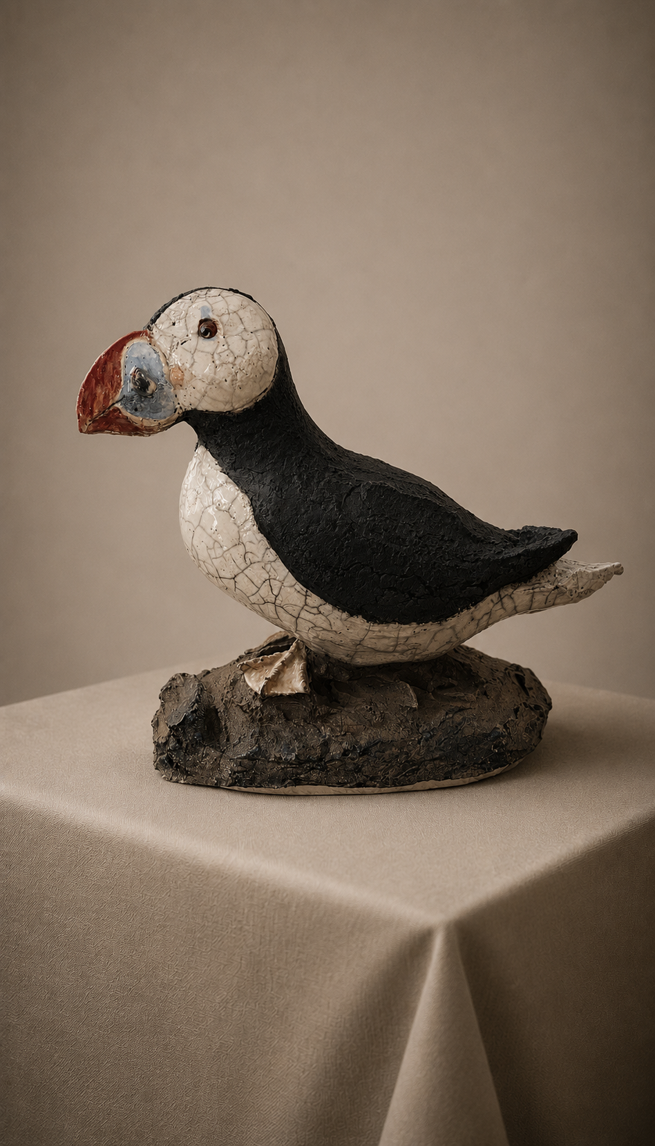 Handcrafted Raku Puffin Sculpture