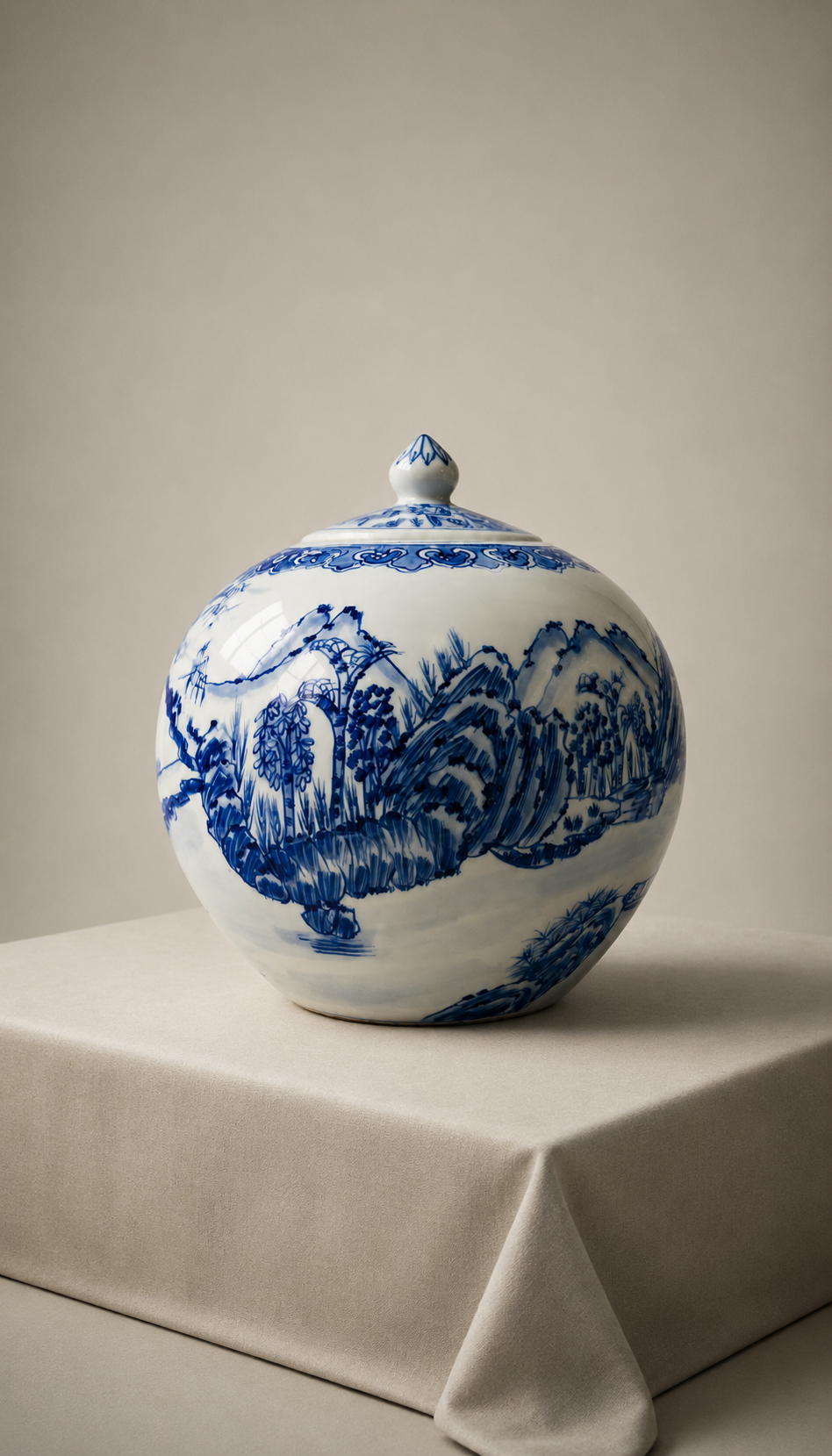 Vintage Blue & White Porcelain Ginger Jar with Lid